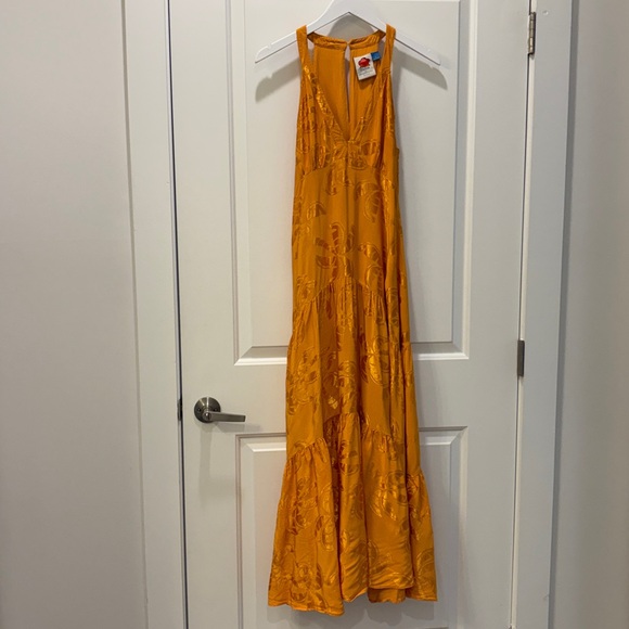 Farm Rio x Anthropologie Orange/Gold V-Neck Tiered Maxi Dress, Size S - Picture 4 of 14
